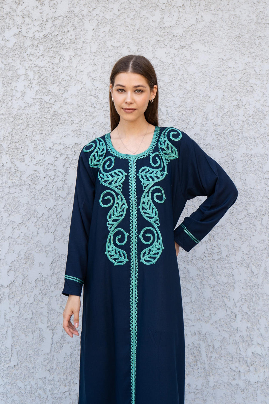 Navy Kaftan Dress with Hand Embroidery – Cotton Blend Caftan for Women – Long Sleeve Maxi Dress – Elegant Boho Caftans – Moroccan Caftan