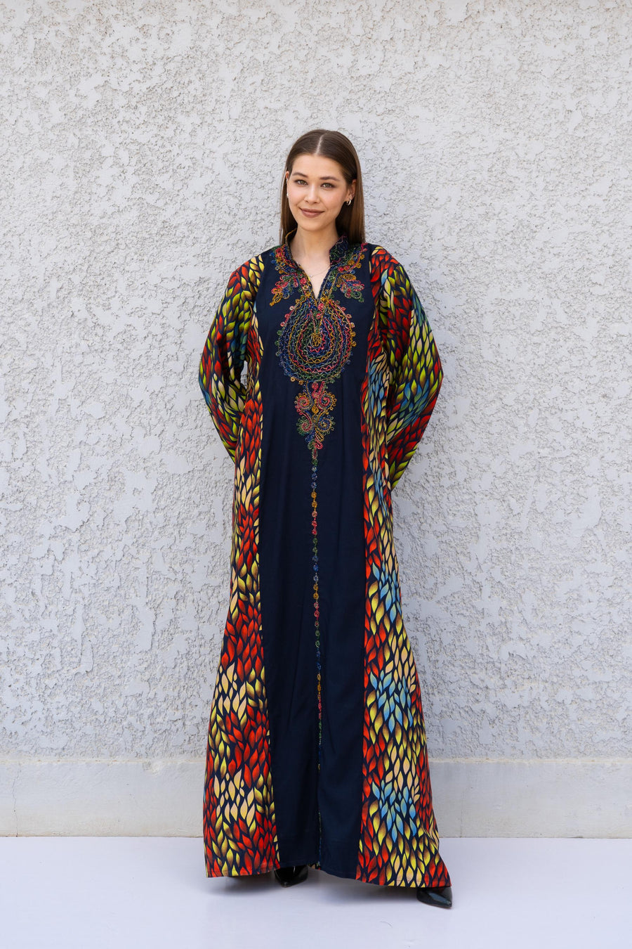 Colorful Statement Hand Embroidered Caftan Dress – Cotton Blend Caftan with Printed Sleeves – Festival Kaftan for Women – Boho Caftans