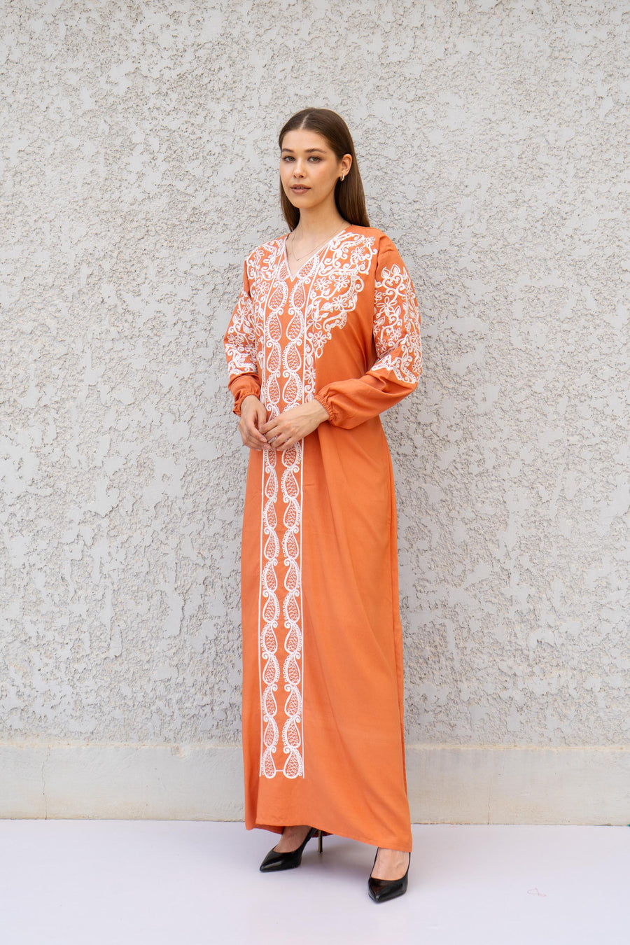Embroidered Orange Kaftan Dress – Cotton Blend Caftan for Women – Long Sleeve Wedding Guest Maxi Dress – Elegant Occasion Caftan Dress