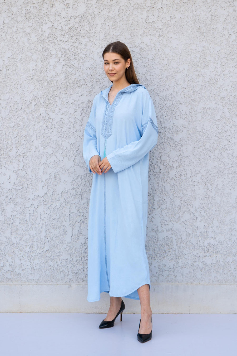Light Blue Hooded Kaftan Dress – Hand Embroidered Linen-Look Caftan for Women – Flowy Maxi Dress – Boho Moroccan Caftan – Resort Wear