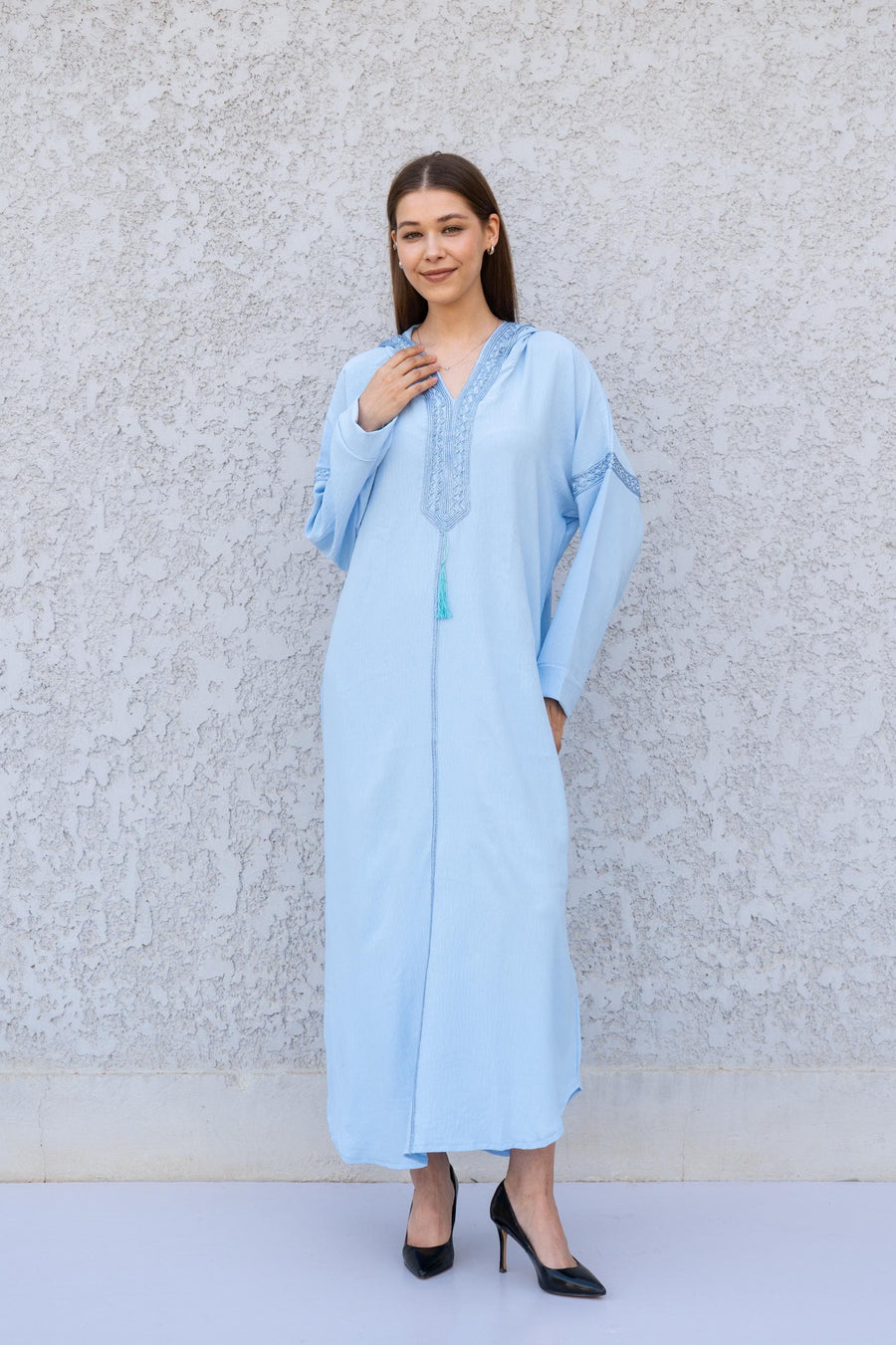 Light Blue Hooded Kaftan Dress – Hand Embroidered Linen-Look Caftan for Women – Flowy Maxi Dress – Boho Moroccan Caftan – Resort Wear