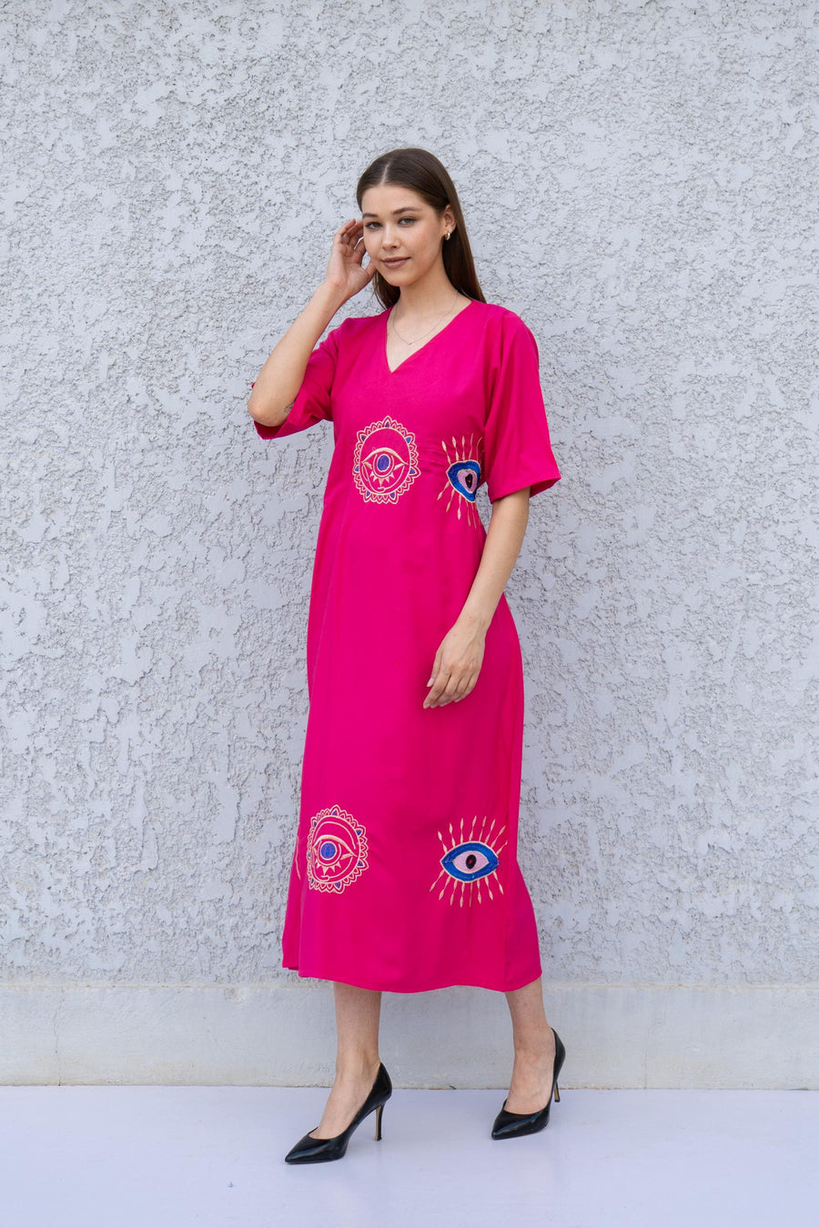 Fuchsia Kaftan Dress with Hamsa & Evil Eye Embroidery – Cotton Blend Caftan for Women – Back Tie Midi Dress – Boho Lounge Wear Kaftan