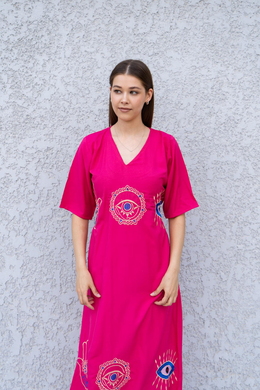 Fuchsia Kaftan Dress with Hamsa & Evil Eye Embroidery – Cotton Blend Caftan for Women – Back Tie Midi Dress – Boho Lounge Wear Kaftan