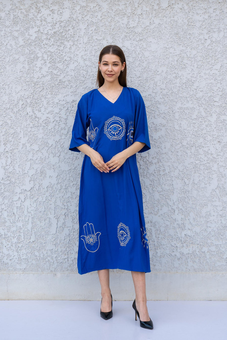 Blue Kaftan Dress with Hamsa & Evil Eye Embroidery – Cotton Blend Caftan for Women – Back Tie Midi Dress – Boho Lounge Wear Kaftan