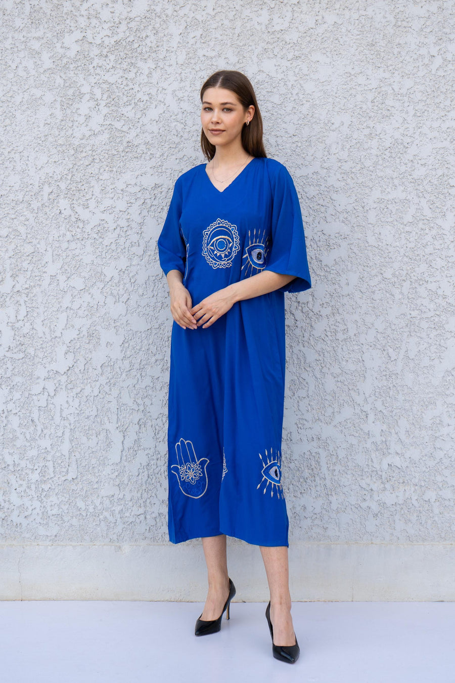 Blue Kaftan Dress with Hamsa & Evil Eye Embroidery – Cotton Blend Caftan for Women – Back Tie Midi Dress – Boho Lounge Wear Kaftan