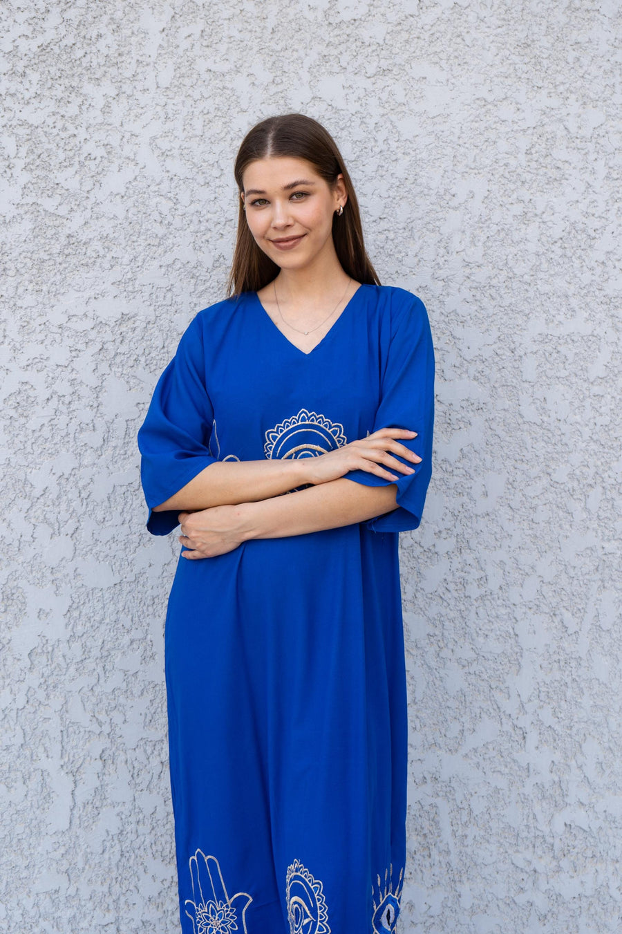 Blue Kaftan Dress with Hamsa & Evil Eye Embroidery – Cotton Blend Caftan for Women – Back Tie Midi Dress – Boho Lounge Wear Kaftan