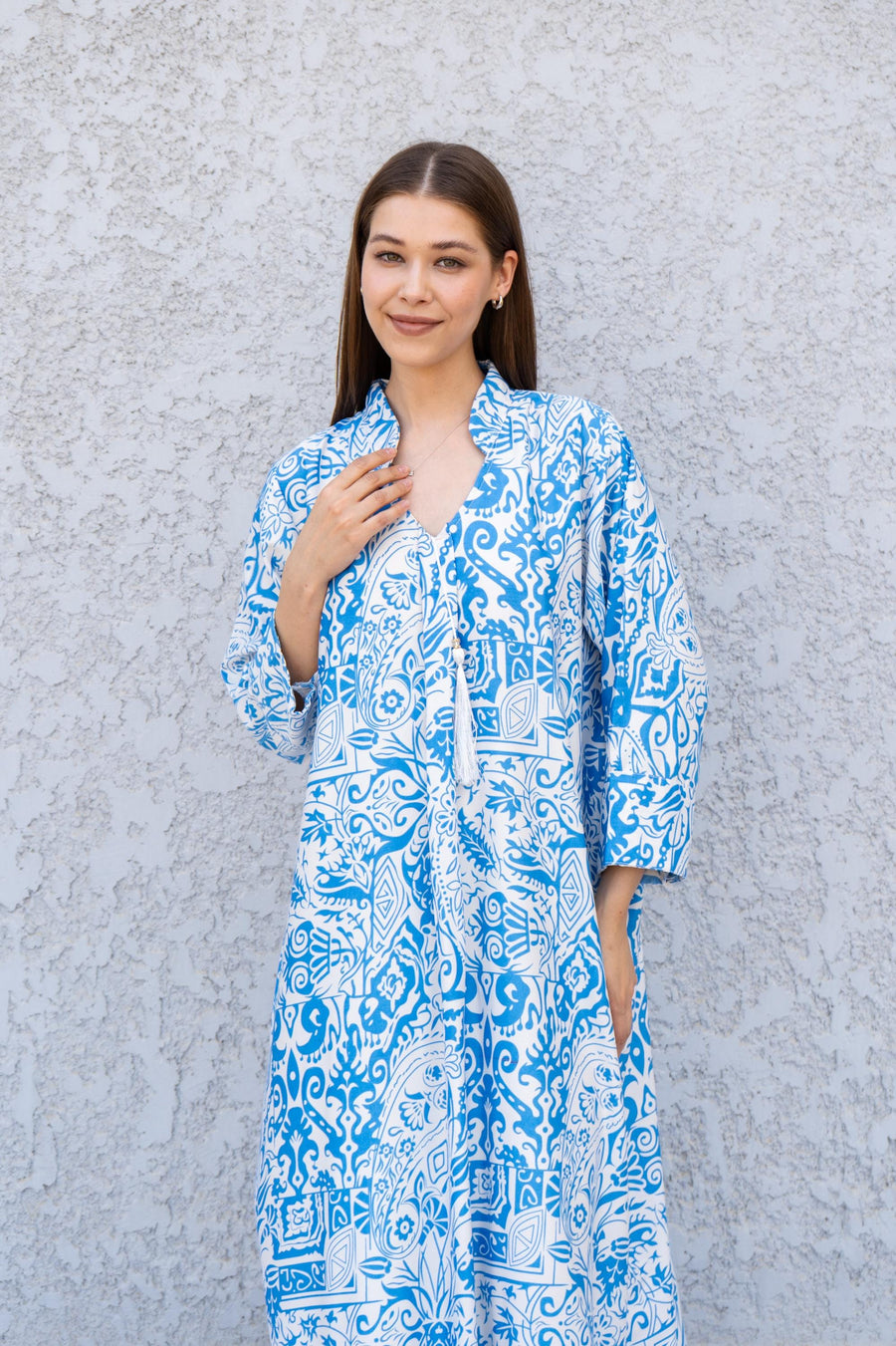Blue Printed Kaftan Dress – Lightweight Maxi Caftan for Women – Resort Wear Caftan – Boho Vacation Dress – Flowy Summer Caftans