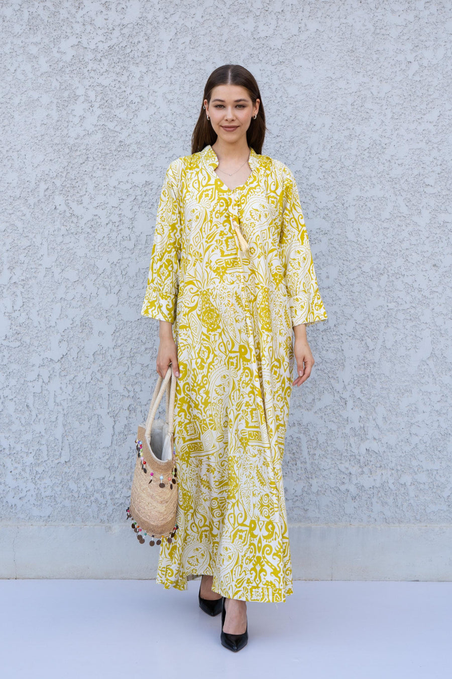 Yellow Printed Kaftan Dress – Lightweight Maxi Caftan for Women – Resort Wear Caftan – Boho Vacation Dress – Flowy Summer Caftans