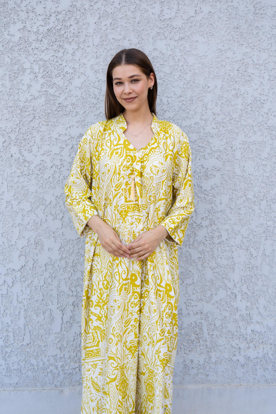 Yellow Printed Kaftan Dress – Lightweight Maxi Caftan for Women – Resort Wear Caftan – Boho Vacation Dress – Flowy Summer Caftans