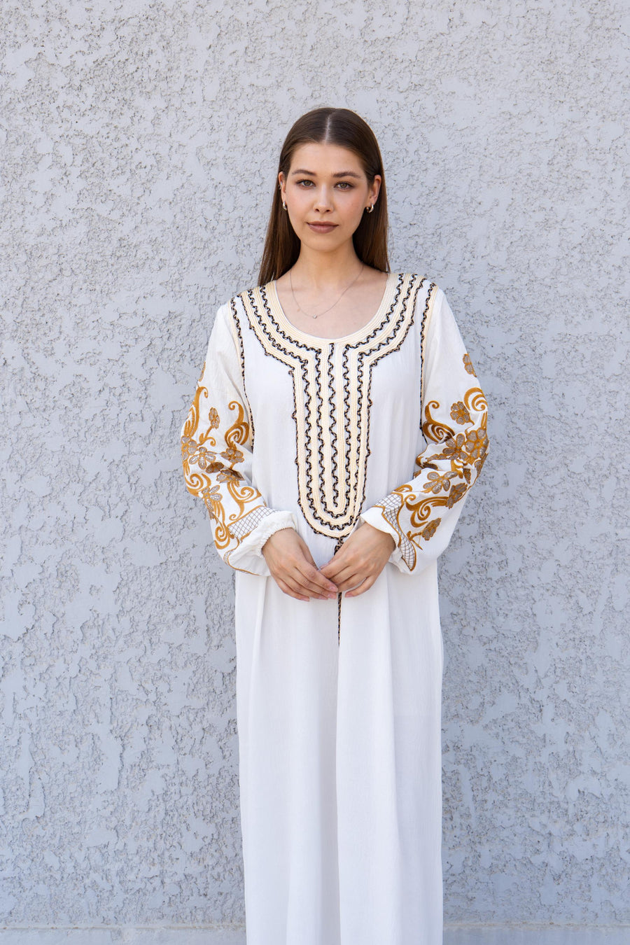 Wedding White Embroidered Kaftan Dress – Linen-Look Caftan for Women – Long Sleeve Maxi Dress – Lightweight Boho Style – Elegant Caftan