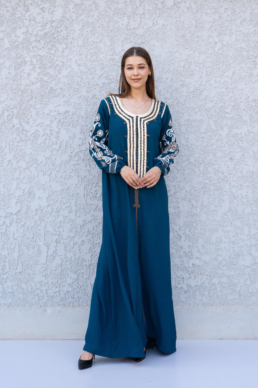 Teal Embroidered Kaftan Dress – Linen-Look Caftan for Women – Long Sleeve Maxi Dress – Lightweight Boho Style – Elegant Moroccan Dress
