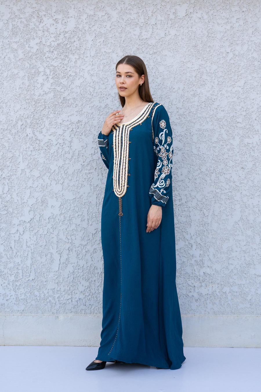 Teal Embroidered Kaftan Dress – Linen-Look Caftan for Women – Long Sleeve Maxi Dress – Lightweight Boho Style – Elegant Moroccan Dress