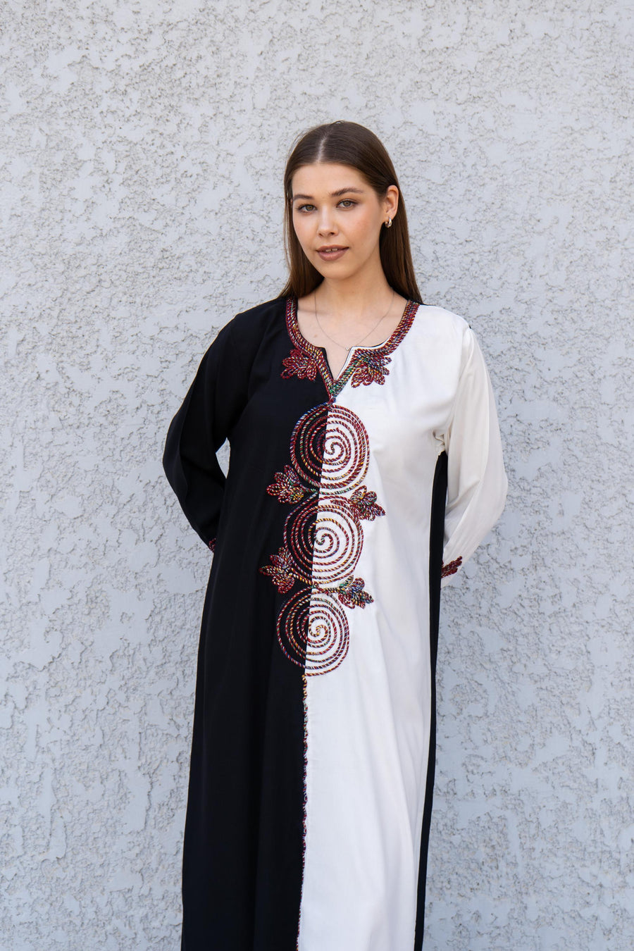 Black and White Hand Embroidered Kaftan – Cotton Blend Caftan for Women – Long Sleeve Maxi Dress – Two-Tone Boho Caftans – Egyptian Kaftan