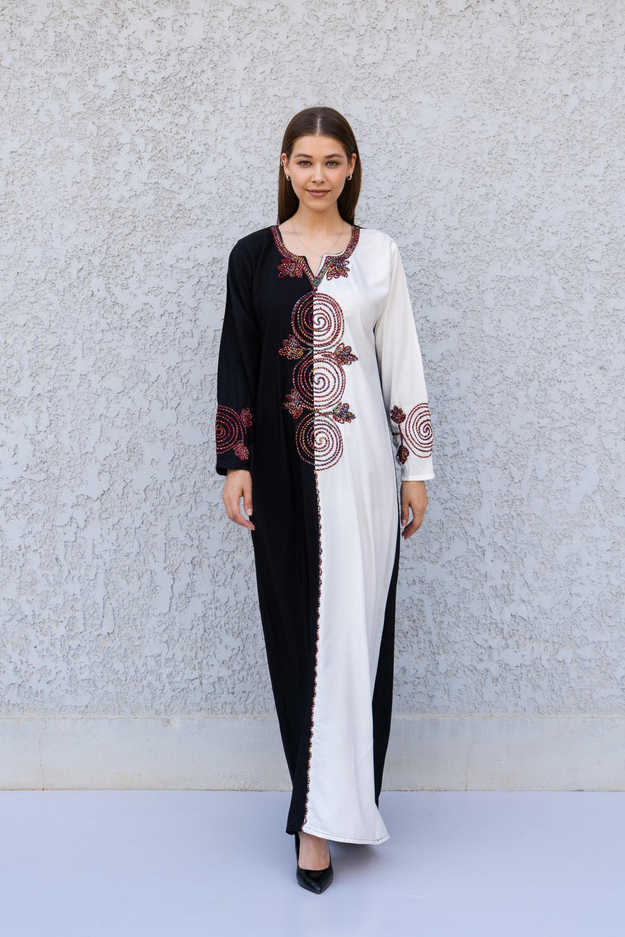 Black and White Hand Embroidered Kaftan – Cotton Blend Caftan for Women – Long Sleeve Maxi Dress – Two-Tone Boho Caftans – Egyptian Kaftan