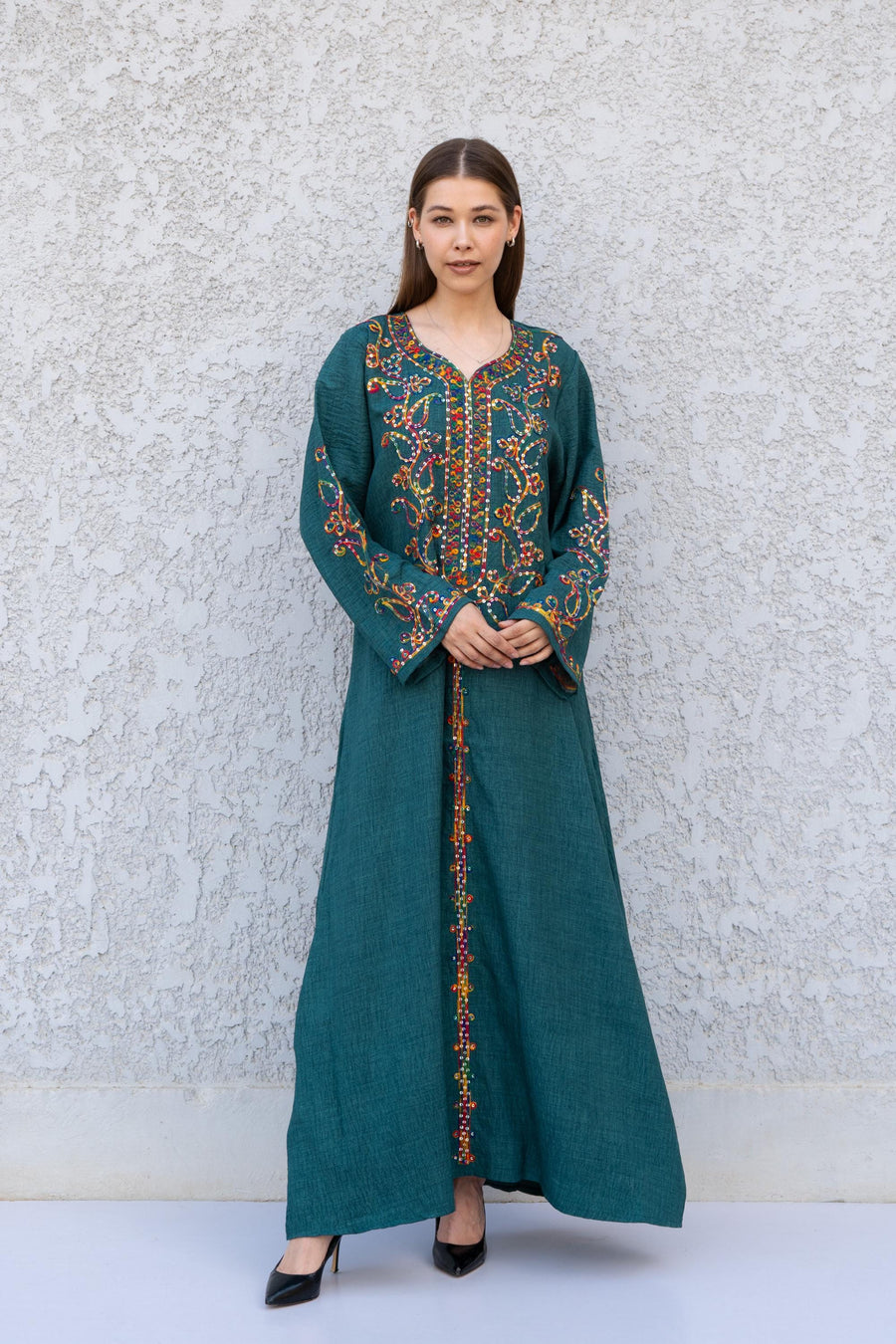 Green Embroidered Kaftan Dress – Linen Blend Caftan for Women – Long Sleeve Maxi Dress – Boho Moroccan Style Caftans – Lightweight Kaftan