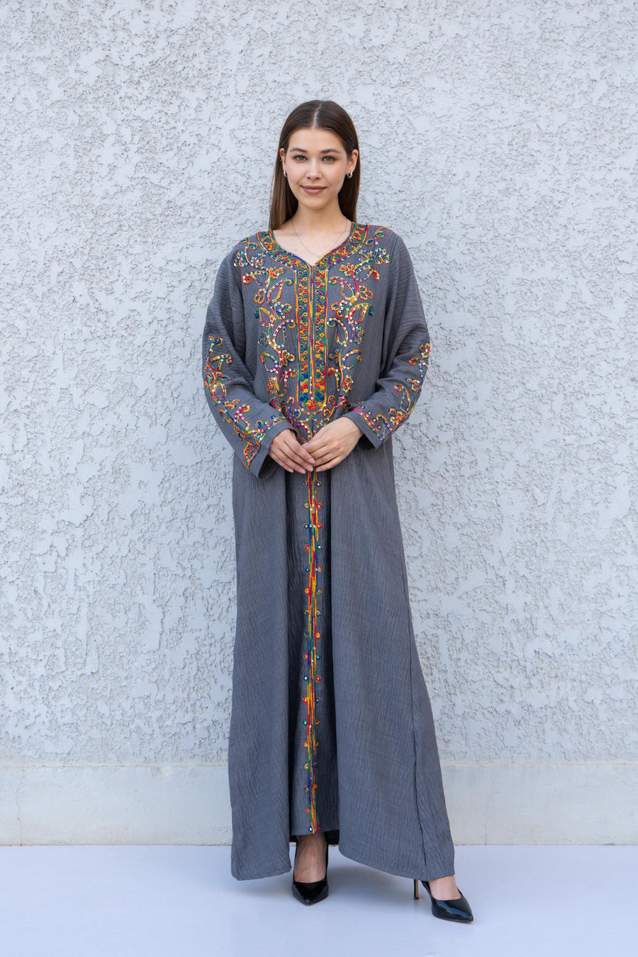 Grey Embroidered Kaftan Dress – Linen Blend Caftan for Women – Long Sleeve Maxi Kafan – Boho Moroccan Style Caftans – Lightweight Kaftan