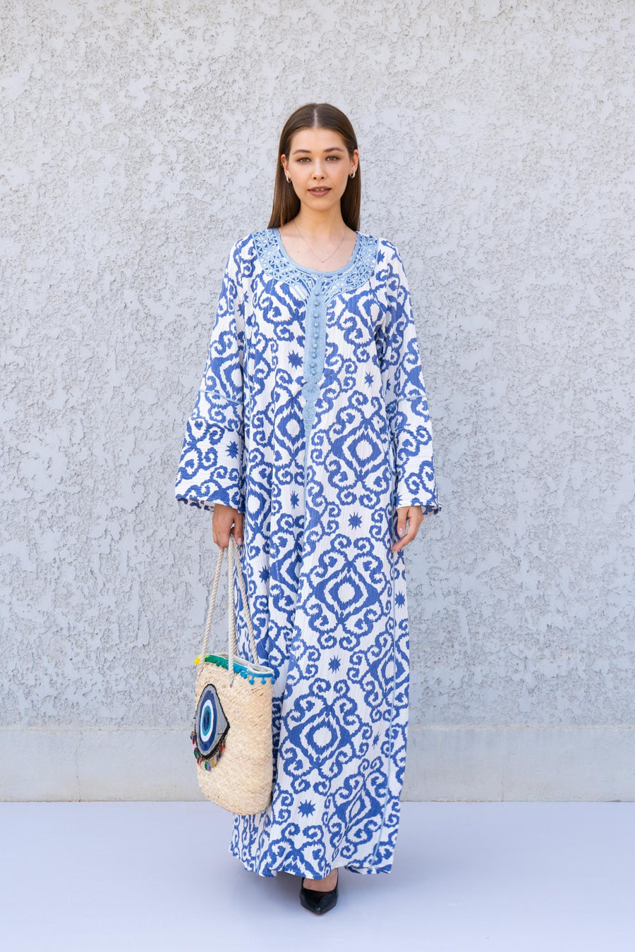 Blue Printed Kaftan Dress with Hand Embroidery – Flowy Linen-Look Caftan for Women – Lightweight Maxi Dress – Boho Resort Wear Caftans