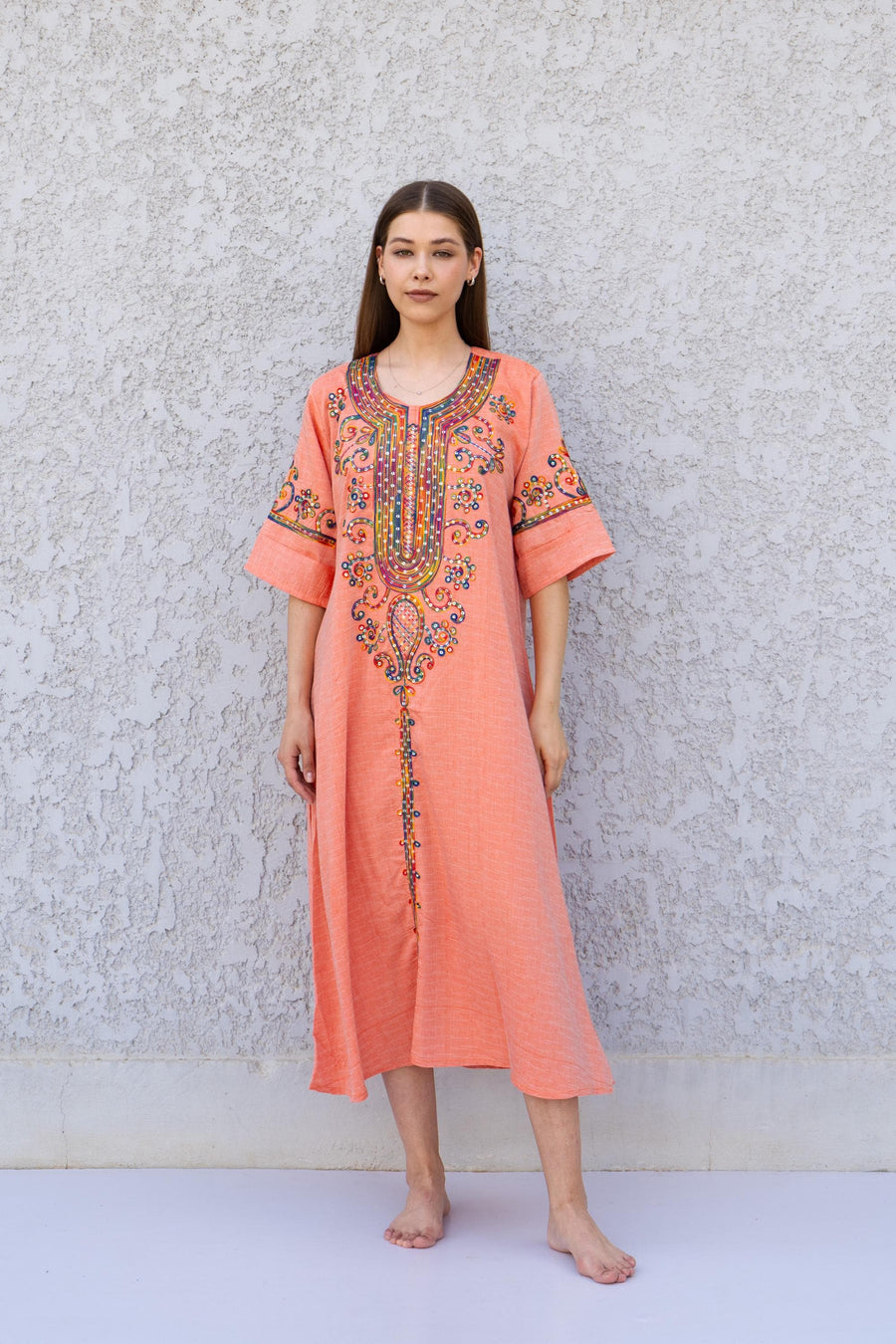 Orange Linen Kaftan Dress with Sequins – Embroidered Caftan for Women – Short Sleeve Maxi Dress – Lightweight Summer Caftans – Lounge Wear