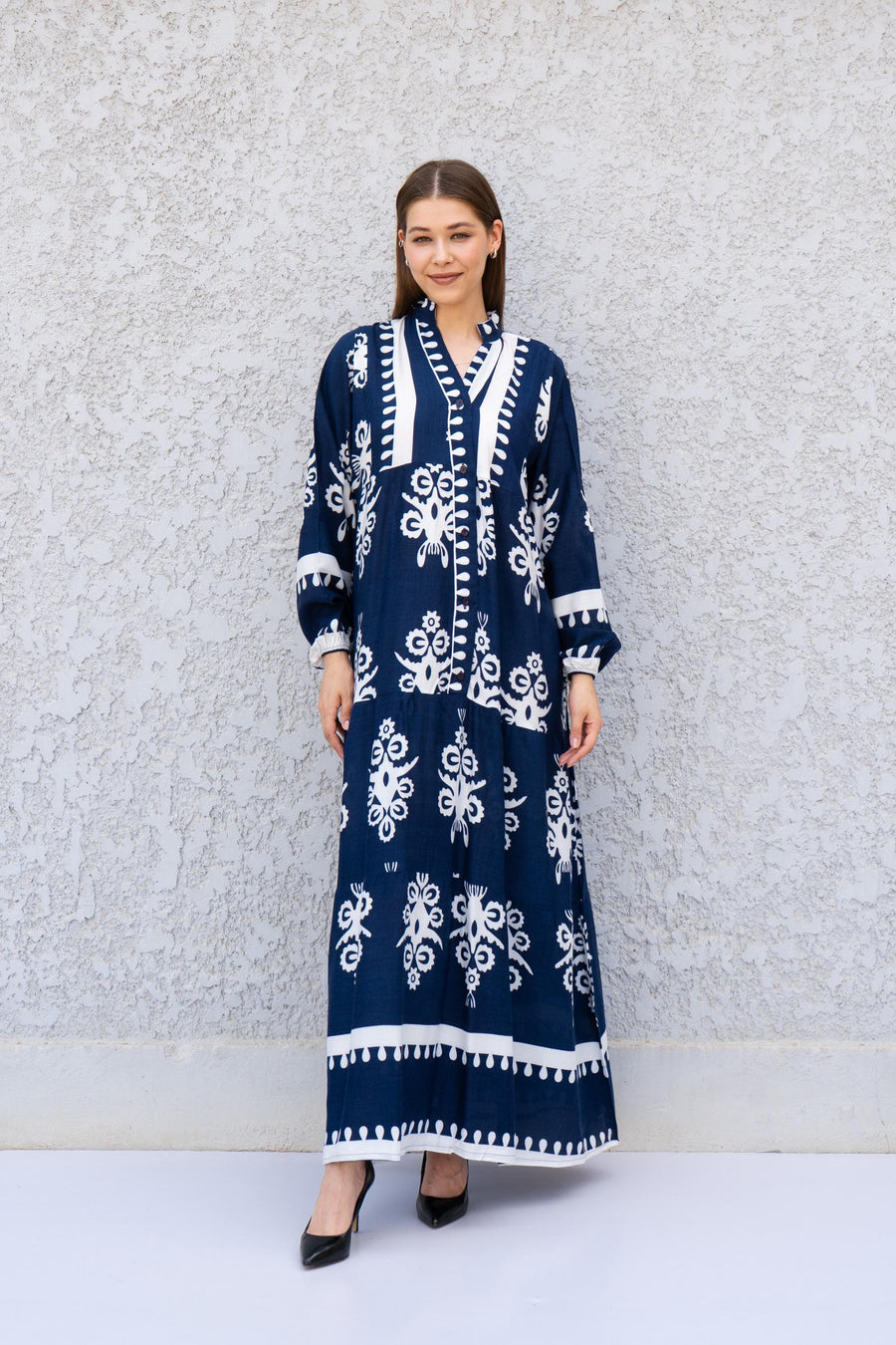 Navy Viscose Kaftan Dress with Buttons – Embroidered Caftan for Women – Long Sleeve Maxi Dress – Boho Everyday Wear – Flowy Caftans