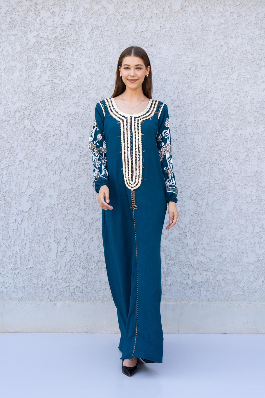 Teal Embroidered Kaftan Dress – Linen-Look Caftan for Women – Long Sleeve Maxi Dress – Lightweight Boho Style – Elegant Moroccan Dress