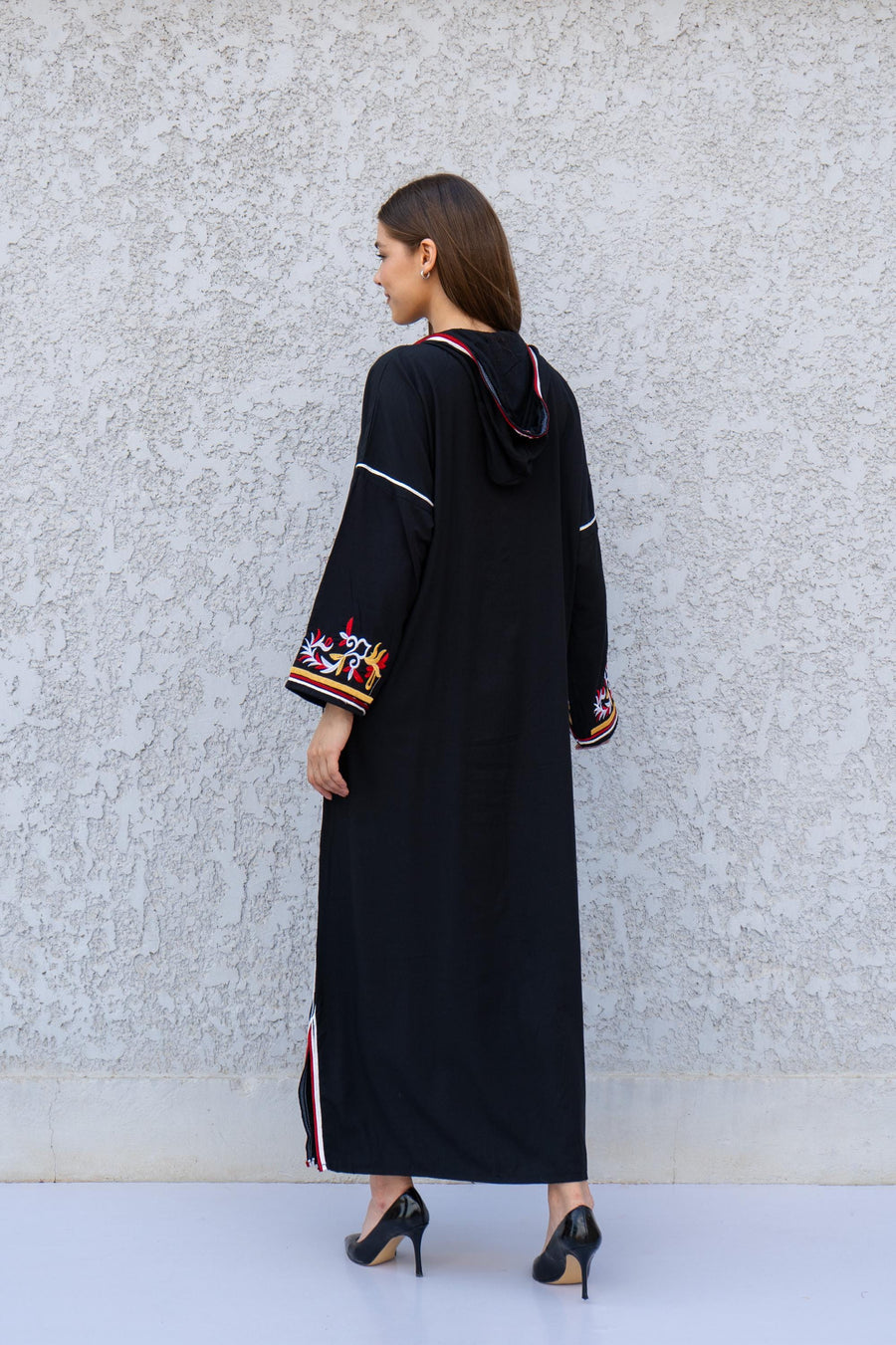 Black Hooded Kaftan Dress – Embroidered Cotton Blend Caftan for Women – Long Sleeve Maxi Dress – Boho Moroccan Style – Everyday Lounge Wear