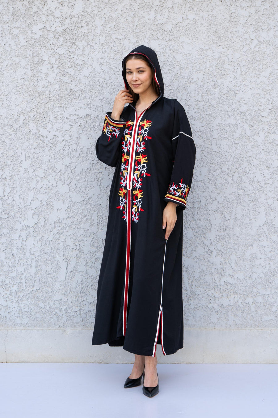 Black Hooded Kaftan Dress – Embroidered Cotton Blend Caftan for Women – Long Sleeve Maxi Dress – Boho Moroccan Style – Everyday Lounge Wear
