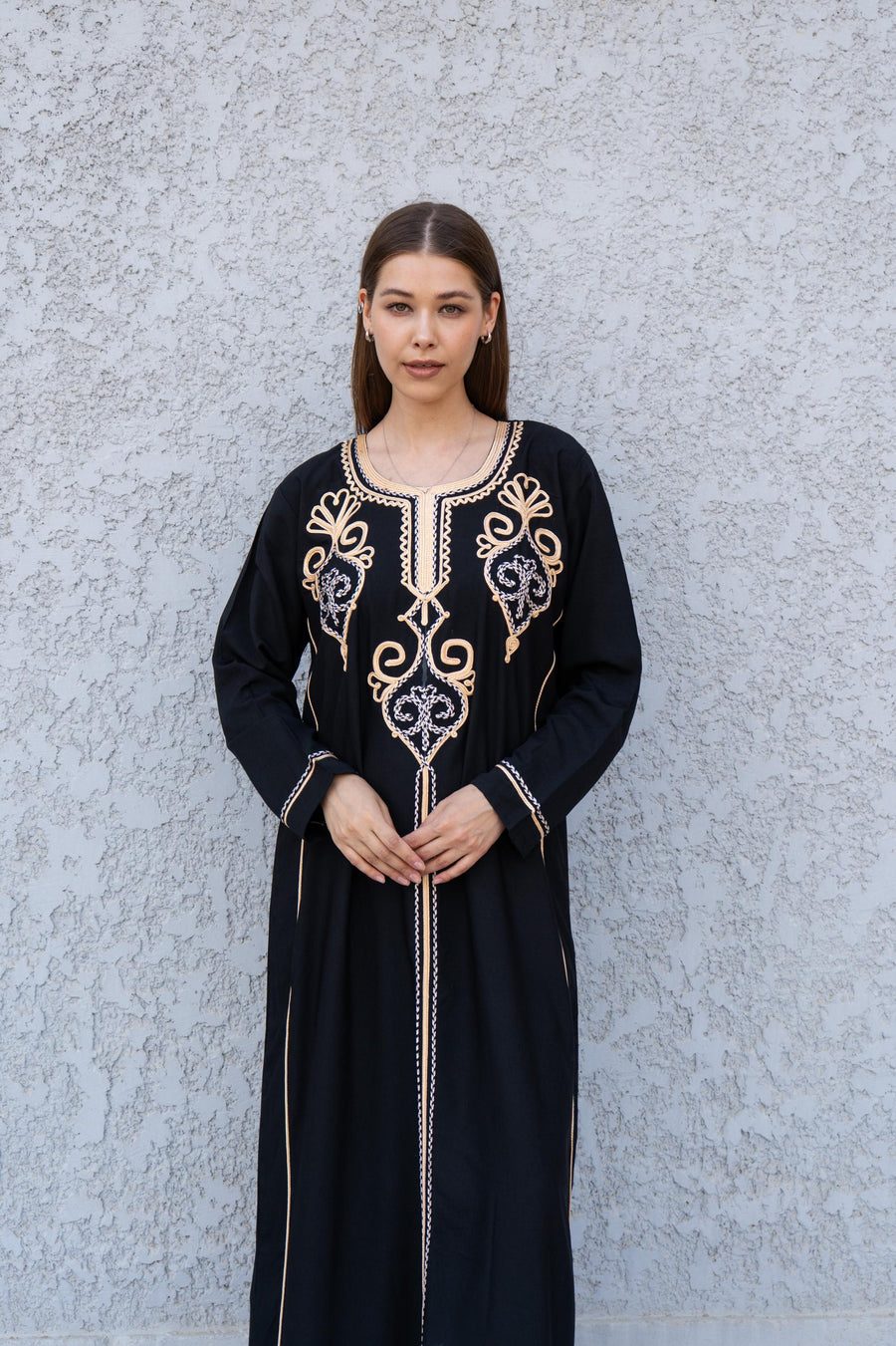 Black Kaftan Dress with Hand Embroidery – Cotton Blend Caftan for Women – Long Sleeve Maxi Dress – Elegant Boho Caftans – Moroccan Caftan