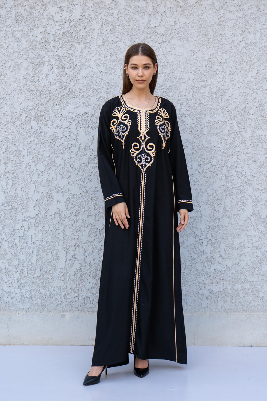 Black Kaftan Dress with Hand Embroidery – Cotton Blend Caftan for Women – Long Sleeve Maxi Dress – Elegant Boho Caftans – Moroccan Caftan