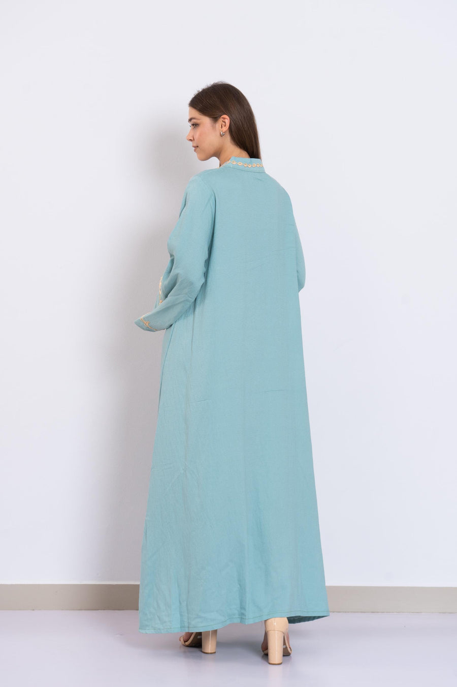 Turquoise Hand Embroidered Kaftan Dress – Crystal Embellished Caftan for Women – Long Sleeve Caftan – Elegant Moroccan Style Caftan