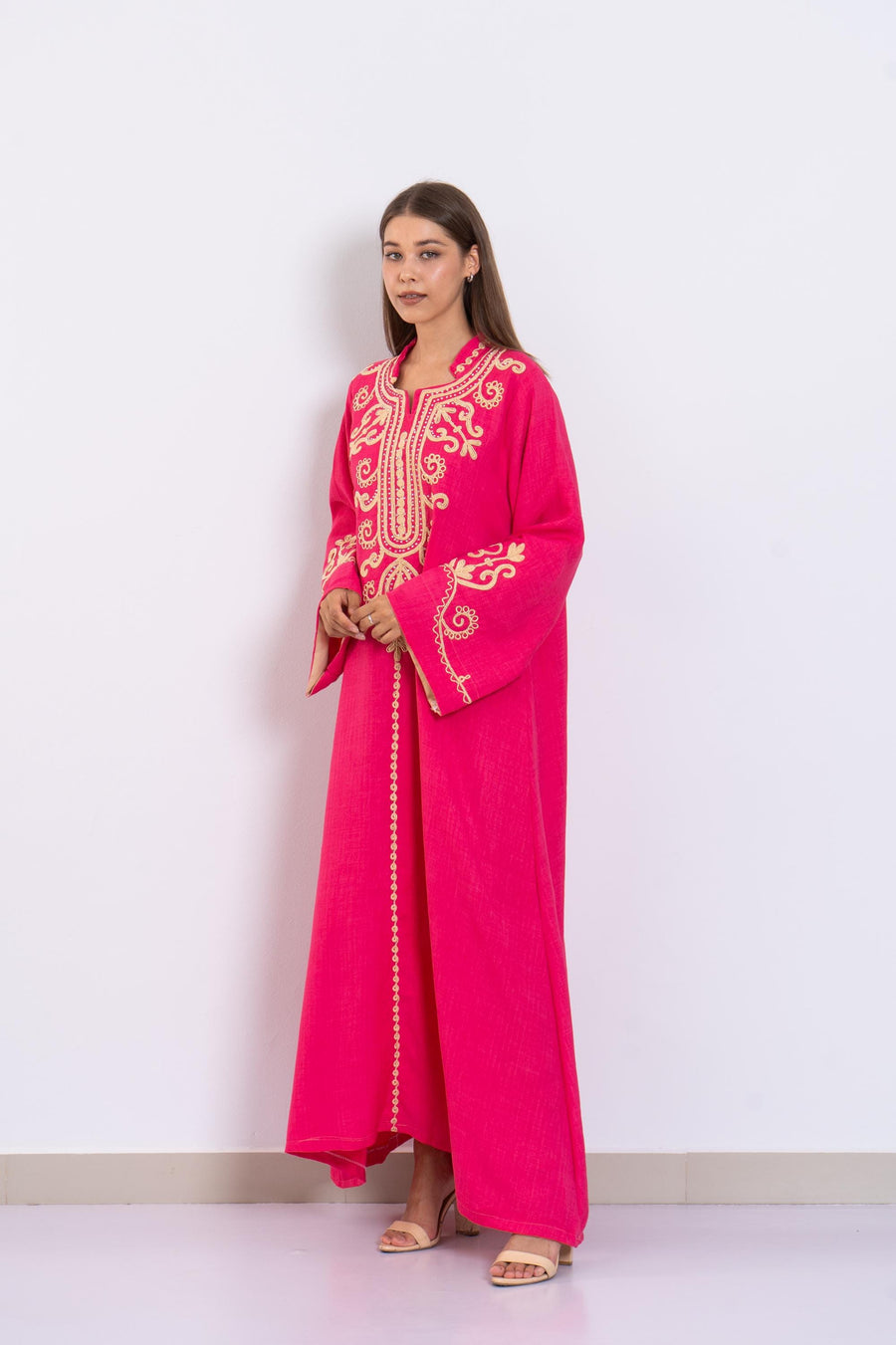 Fuchsia Hand Embroidered Kaftan Dress – Crystal Embellished Caftan for Women – Long Sleeve Caftan – Elegant Moroccan Style Caftan