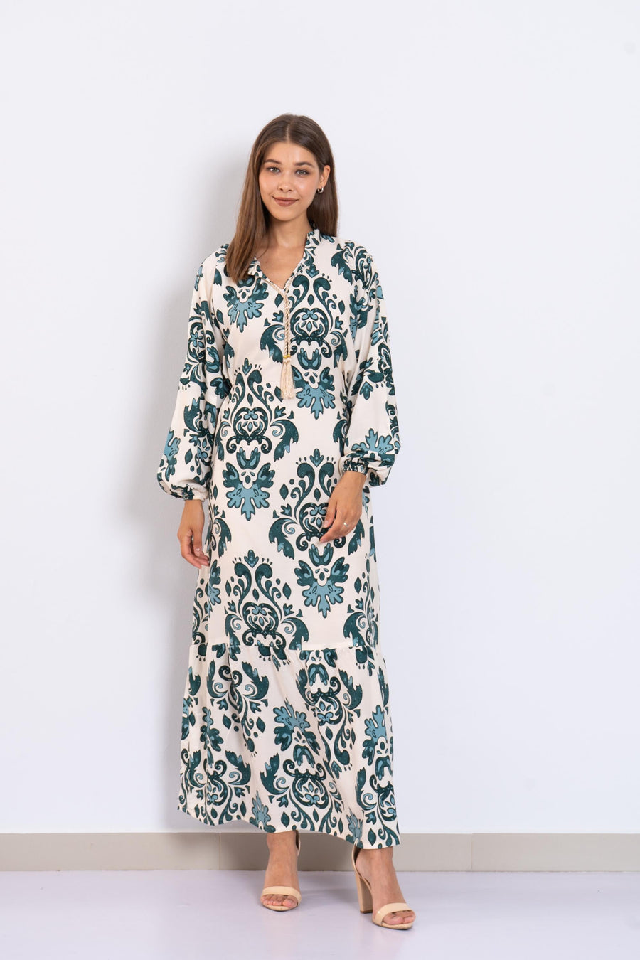 Teal Print Viscose Maxi Dress – Puffy Sleeve Long Dress for Women – Small Collar Boho Style – Lightweight Flowy Summer Outfit