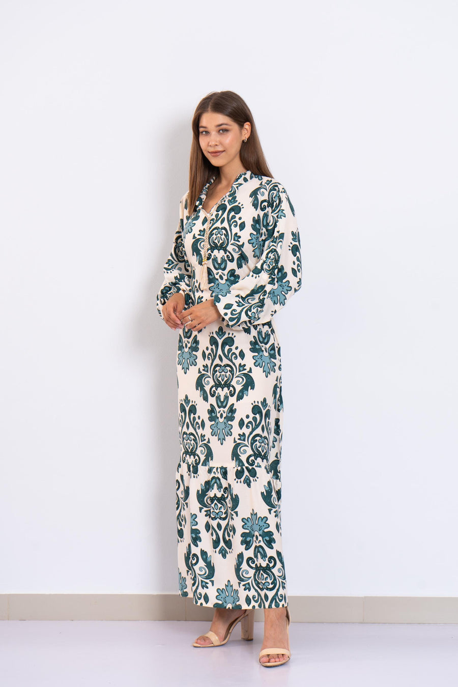 Teal Print Viscose Maxi Dress – Puffy Sleeve Long Dress for Women – Small Collar Boho Style – Lightweight Flowy Summer Outfit