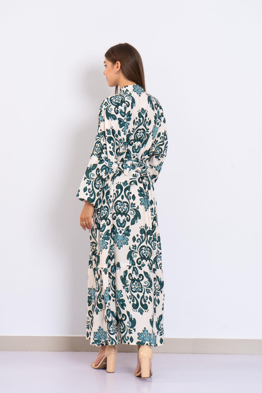 Teal Print Viscose Maxi Dress – Puffy Sleeve Long Dress for Women – Small Collar Boho Style – Lightweight Flowy Summer Outfit