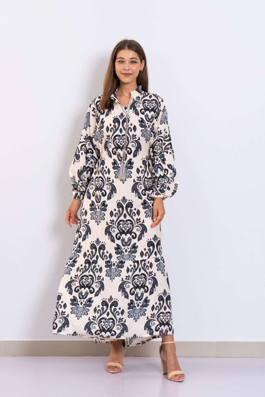 Stunning Grey Print Viscose Maxi Dress – Puffy Sleeve Long Dress for Women – Small Collar Boho Style – Lightweight Flowy Summer Outfit