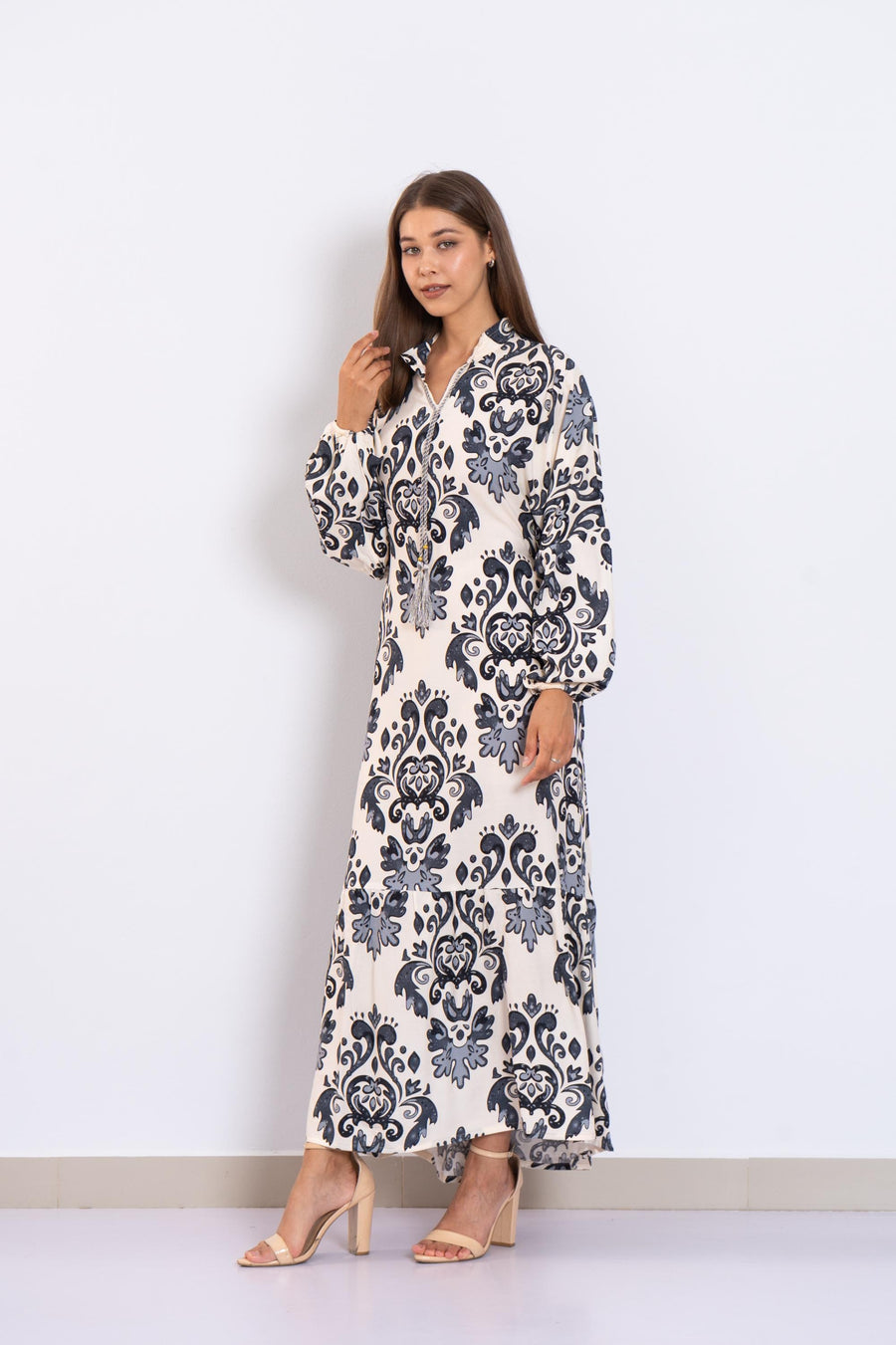 Stunning Grey Print Viscose Maxi Dress – Puffy Sleeve Long Dress for Women – Small Collar Boho Style – Lightweight Flowy Summer Outfit