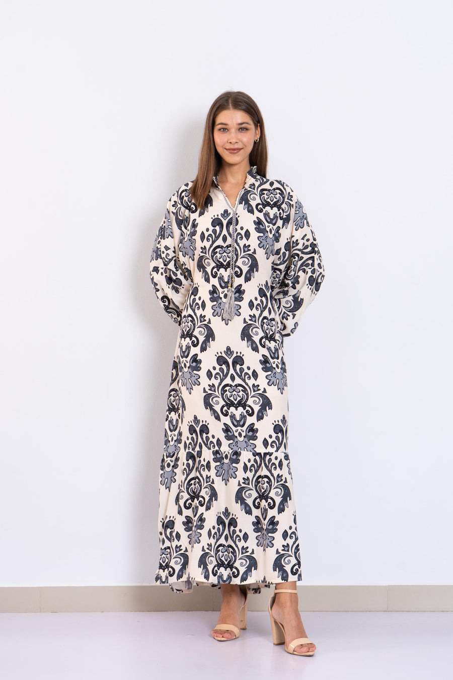 Stunning Grey Print Viscose Maxi Dress – Puffy Sleeve Long Dress for Women – Small Collar Boho Style – Lightweight Flowy Summer Outfit