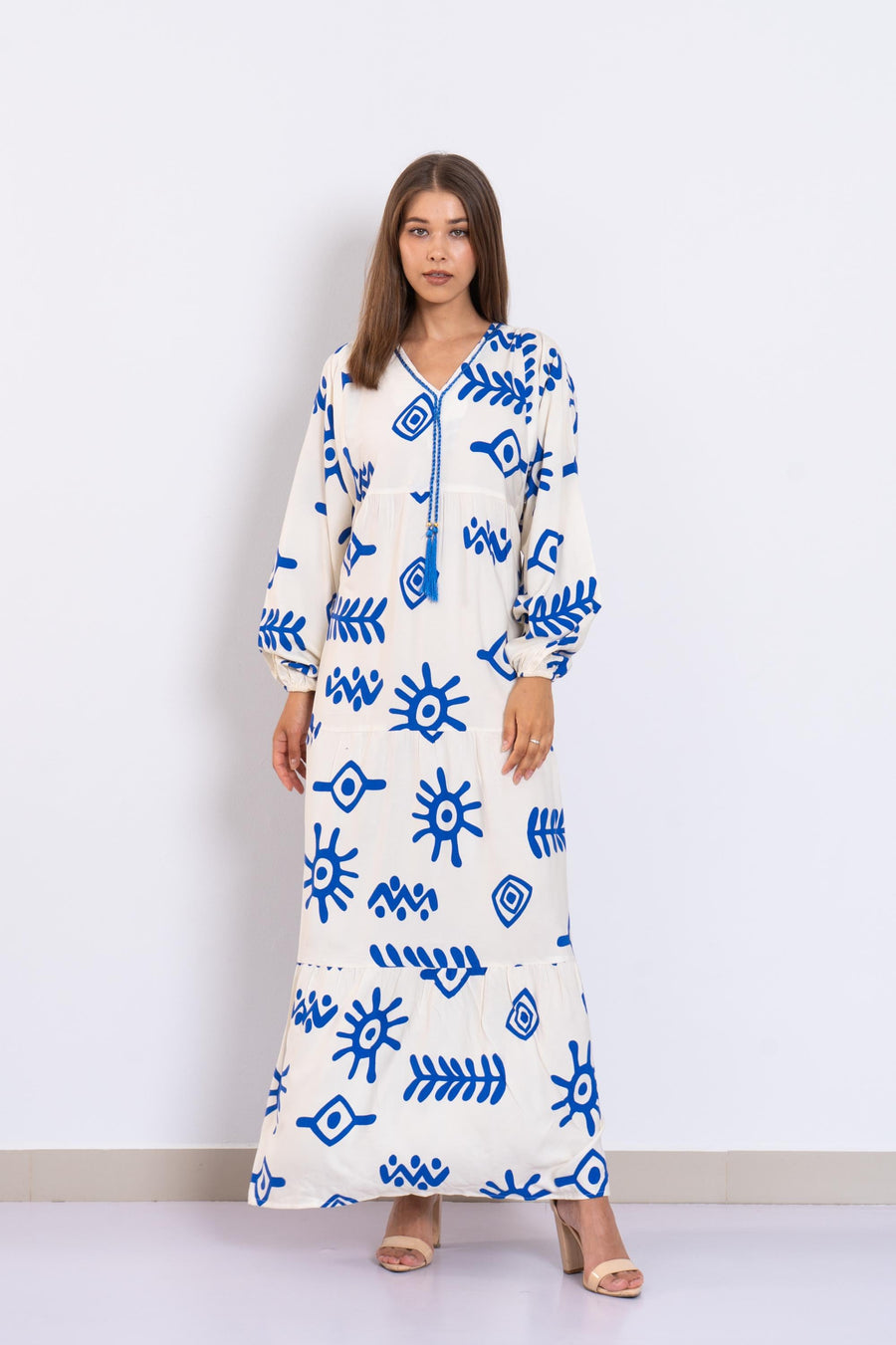 Tribal Print Viscose Maxi Dress – Blue and Cream Boho Long Dress with Puffy Sleeves – Tiered Flowy Resort Wear – Lightweight Summer Outfit