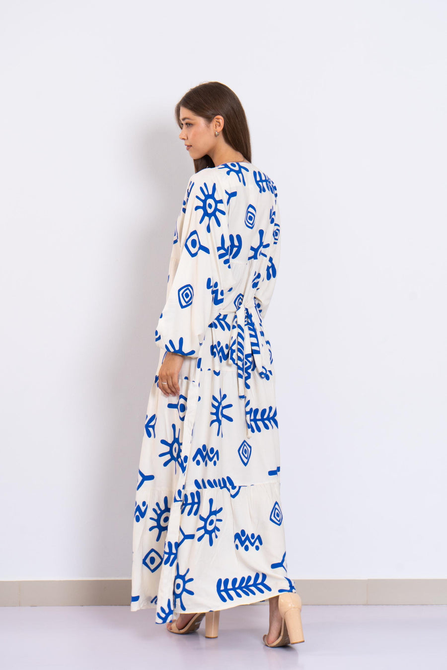 Tribal Print Viscose Maxi Dress – Blue and Cream Boho Long Dress with Puffy Sleeves – Tiered Flowy Resort Wear – Lightweight Summer Outfit