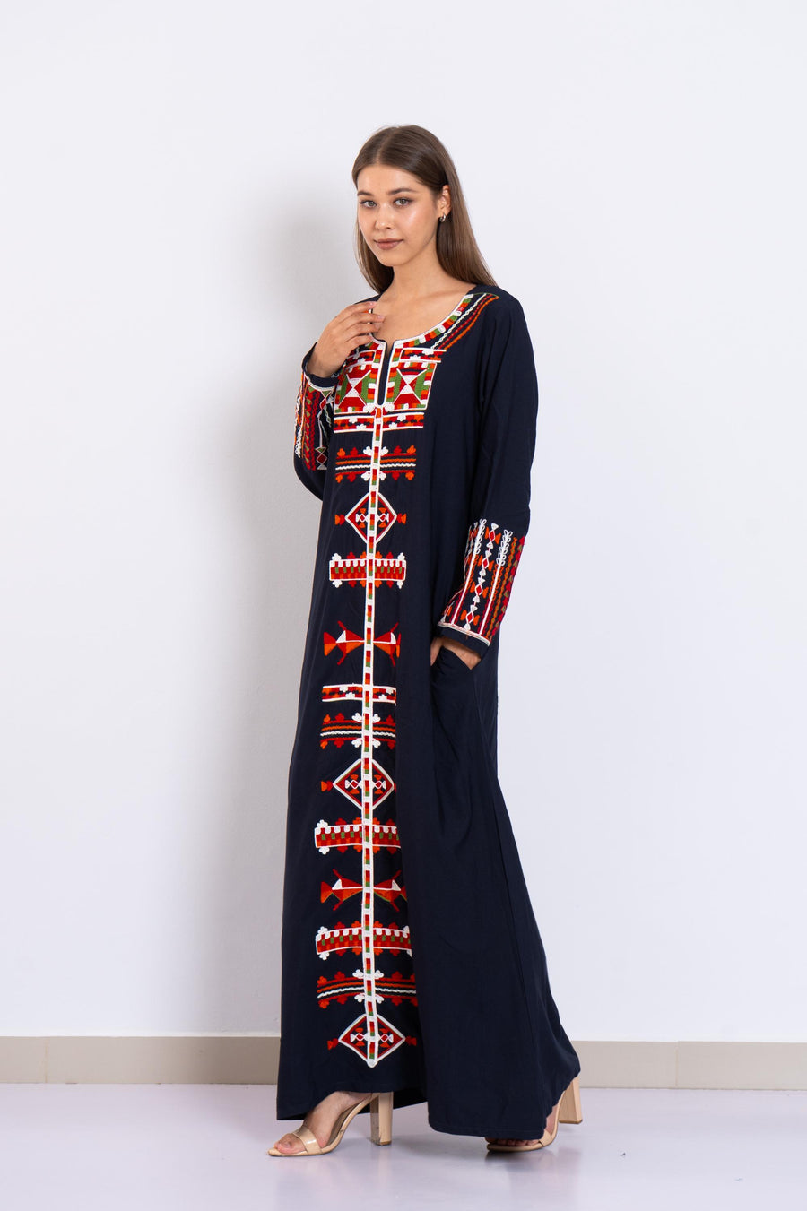 Navy Siwa Embroidered Kaftan Dress – Egyptian Cotton Caftan with Pockets – Long Sleeve Caftan for women – Egyptian Boho Tribal Kaftan