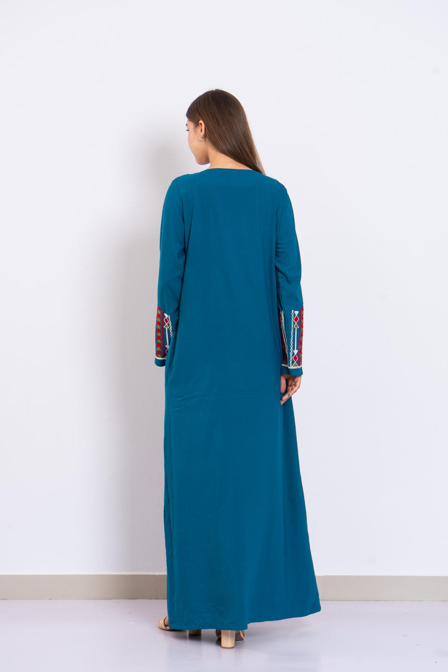 Teal Siwa Embroidered Kaftan Dress – Egyptian Cotton Caftan with Pockets – Long Sleeve Caftan for women – Egyptian Boho Tribal Kaftan