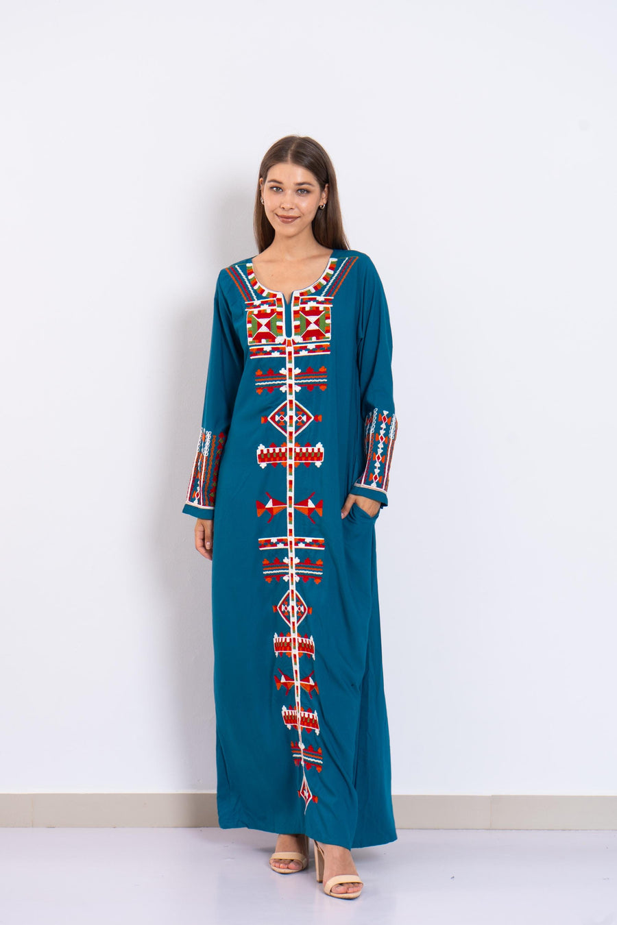 Teal Siwa Embroidered Kaftan Dress – Egyptian Cotton Caftan with Pockets – Long Sleeve Caftan for women – Egyptian Boho Tribal Kaftan