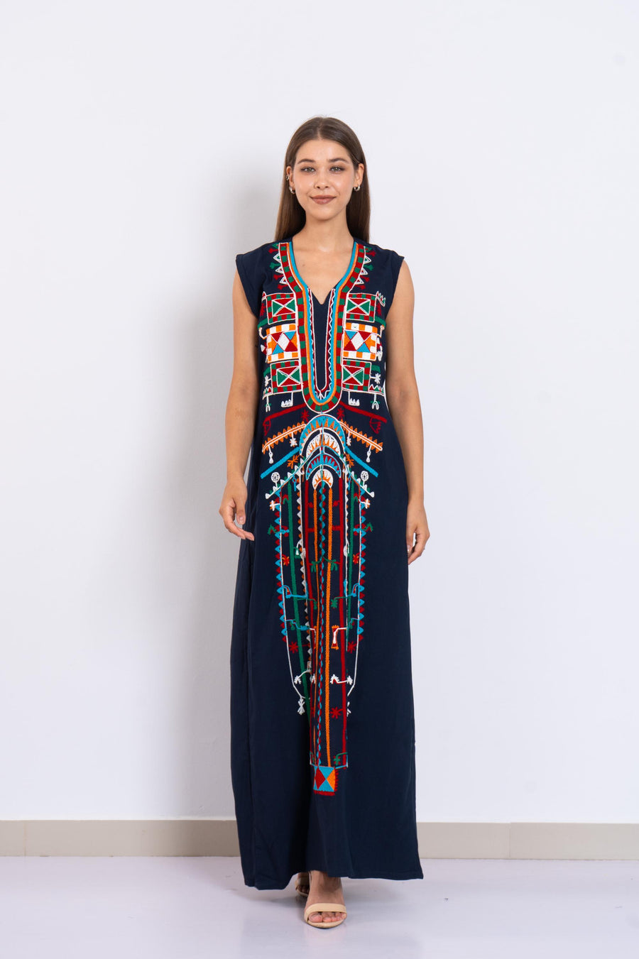Bohemian Navy blue sleeveless Siwa embroidered caftan, embroidered Caftan dress, Caftan maxi dress, Caftans for women, Cotton caftans summer