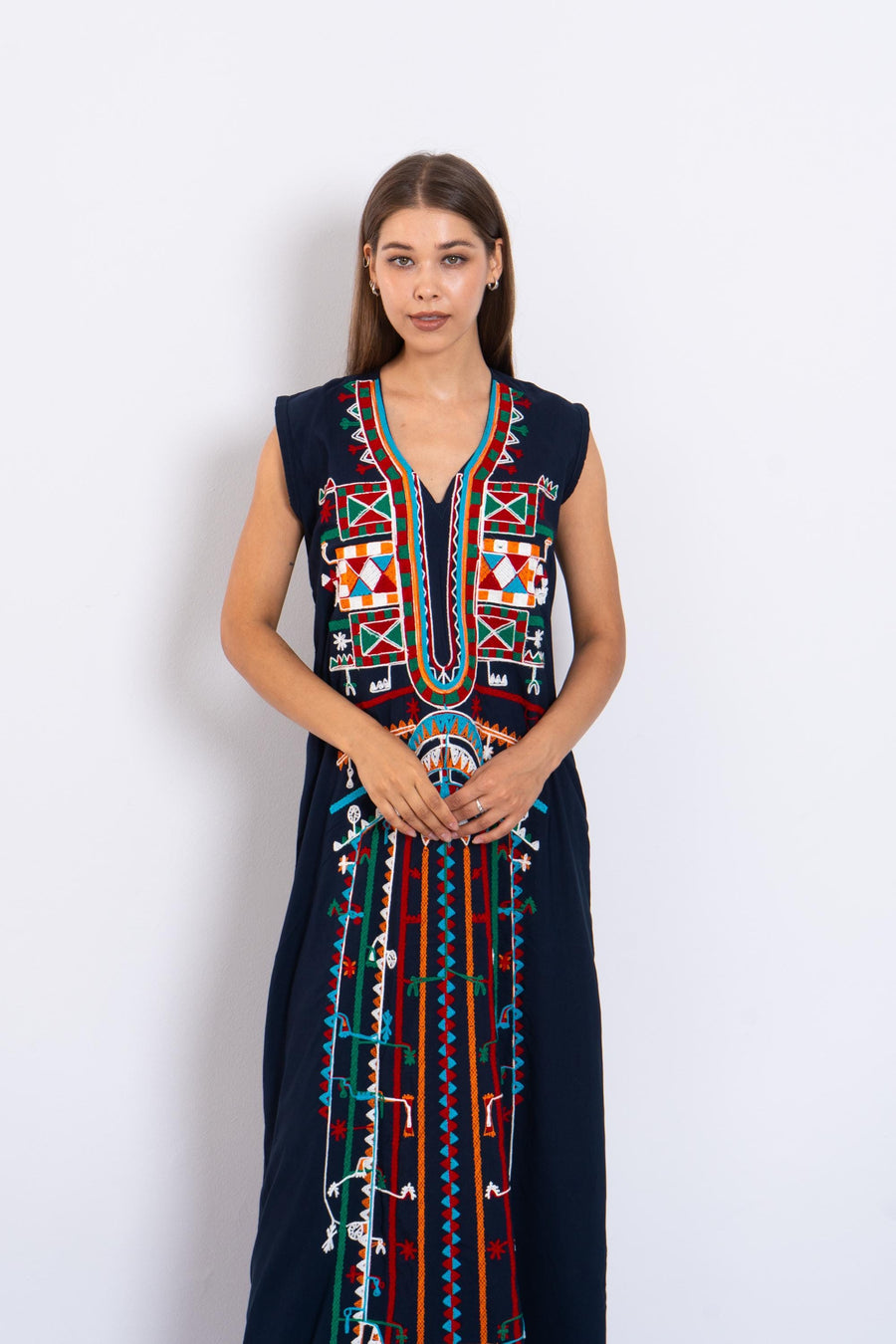 Bohemian Navy blue sleeveless Siwa embroidered caftan, embroidered Caftan dress, Caftan maxi dress, Caftans for women, Cotton caftans summer