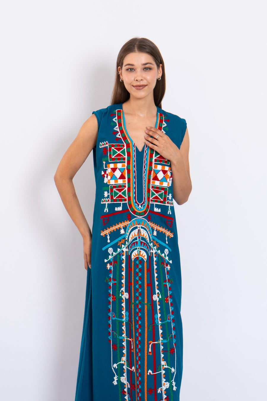 Bohemian Petroleum sleeveless Siwa embroidered caftan, embroidered Caftan dress, Caftan maxi dress, Caftans for women, Cotton caftans summer