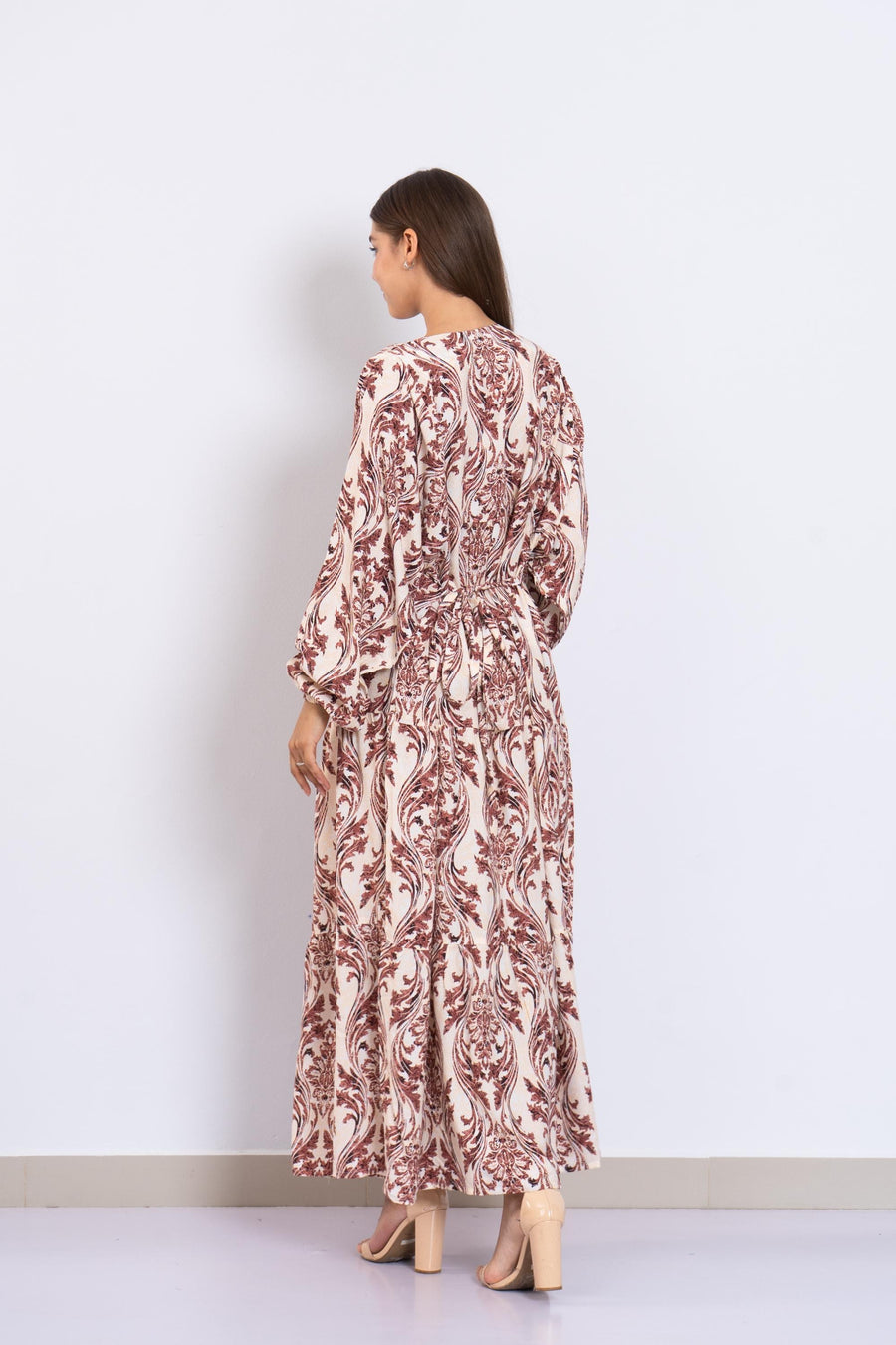 Cream Print Viscose Maxi Dress – Puffy Sleeve Boho Dress for Women – Lightweight Flowy Long Dress – Casual Summer Resort Outfit