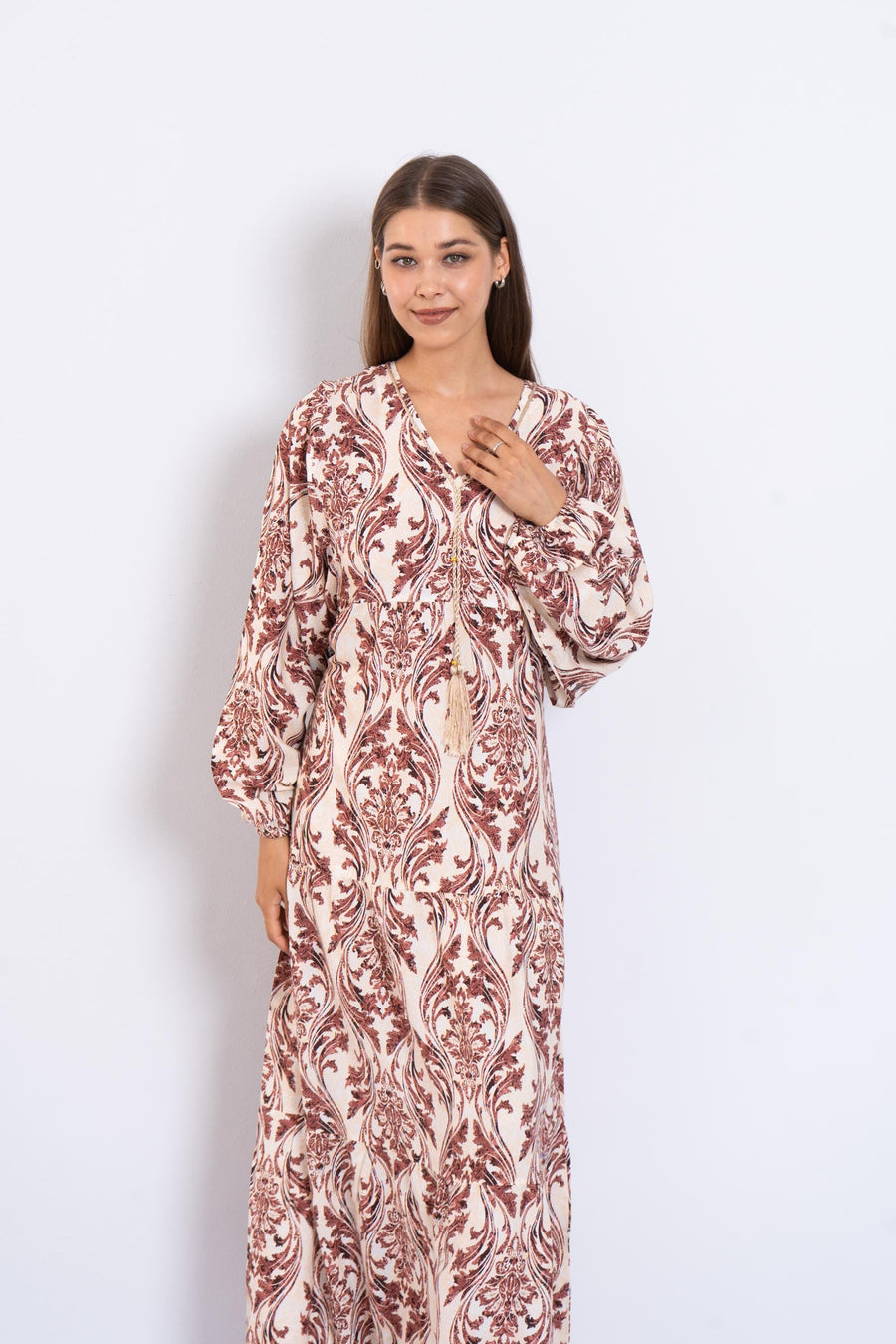 Cream Print Viscose Maxi Dress – Puffy Sleeve Boho Dress for Women – Lightweight Flowy Long Dress – Casual Summer Resort Outfit