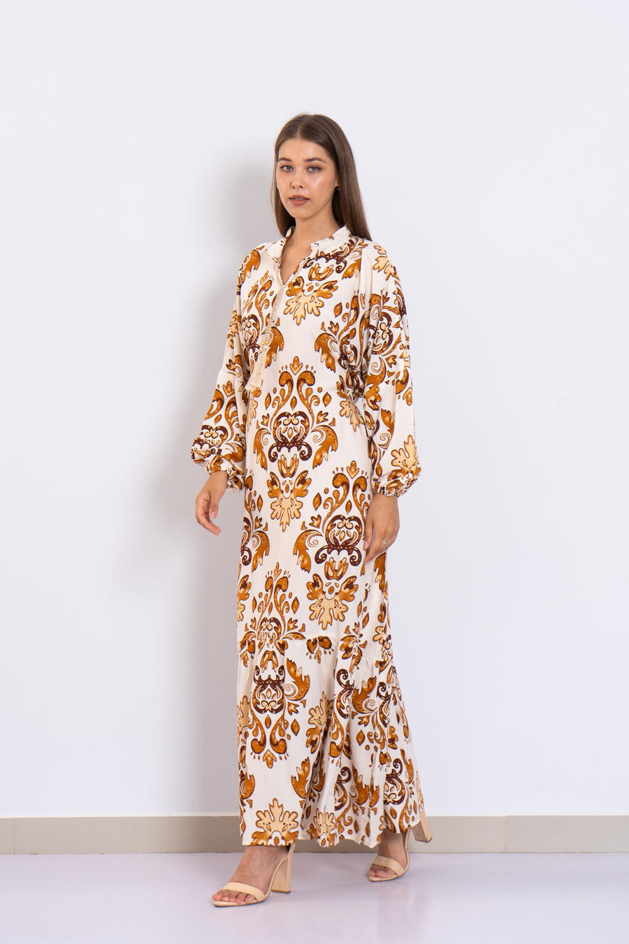 Stunning Cream Print Viscose Maxi Dress – Puffy Sleeve Long Dress for Women – Small Collar Boho Style – Lightweight Flowy Summer Outfit