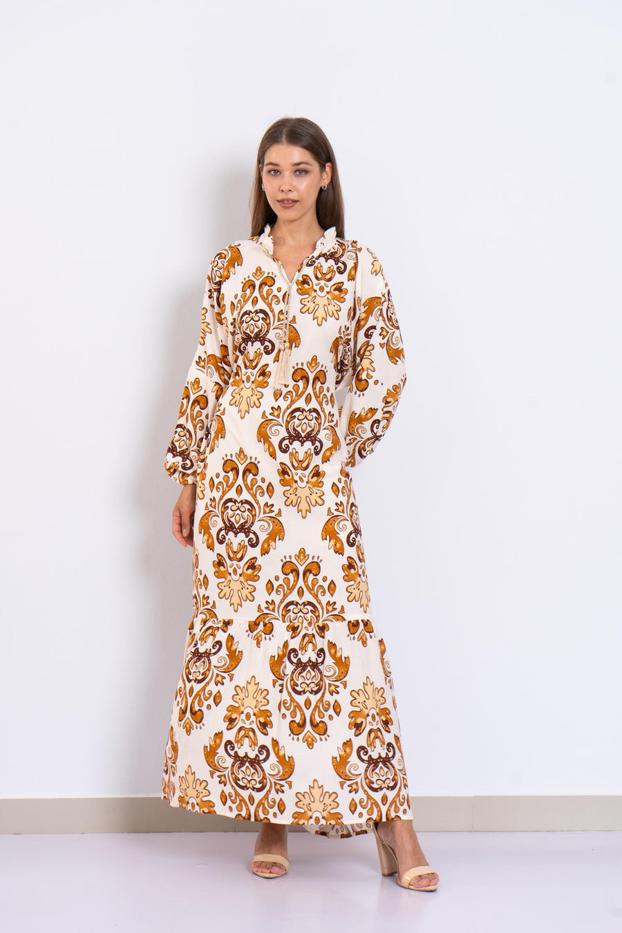 Stunning Cream Print Viscose Maxi Dress – Puffy Sleeve Long Dress for Women – Small Collar Boho Style – Lightweight Flowy Summer Outfit