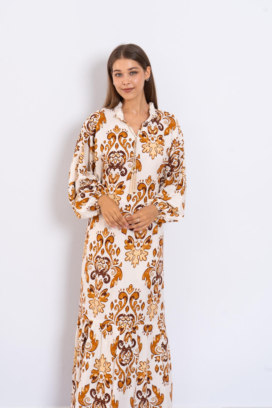 Stunning Cream Print Viscose Maxi Dress – Puffy Sleeve Long Dress for Women – Small Collar Boho Style – Lightweight Flowy Summer Outfit