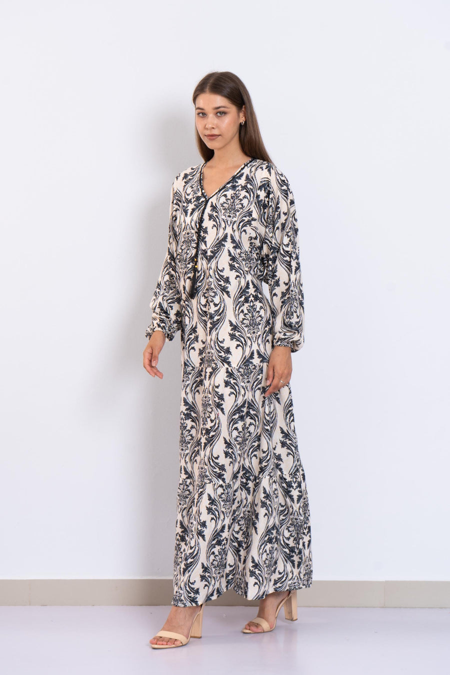 Black Print Viscose Maxi Dress – Puffy Sleeve Boho Dress for Women – Lightweight Flowy Long Dress – Casual Summer Resort Outfit